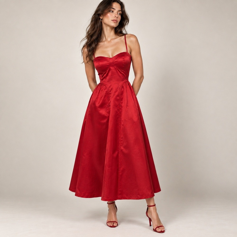 MABLE Bustier Midi Dress Womens S Red Satin A-Line Basque waist Cocktail Party